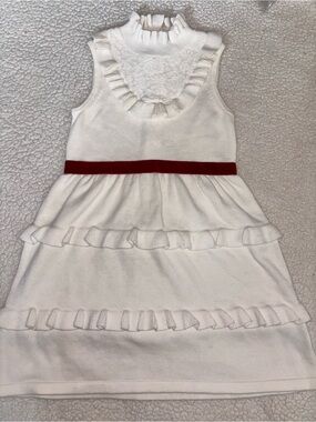Janie and Jack Girls' White Ruffle Knit Dress with Red Waistband 6Y